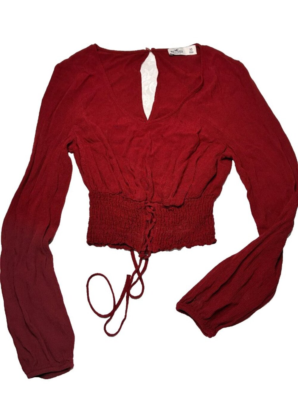 Hollister Burgundy Cinched Waist Long Sleeve Crop Top XS Romantic Whimsy Fall